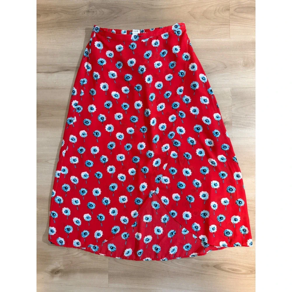 J.Crew Faux Wrap Midi Skirt Red XS Womens Floral Dandelion Casual
